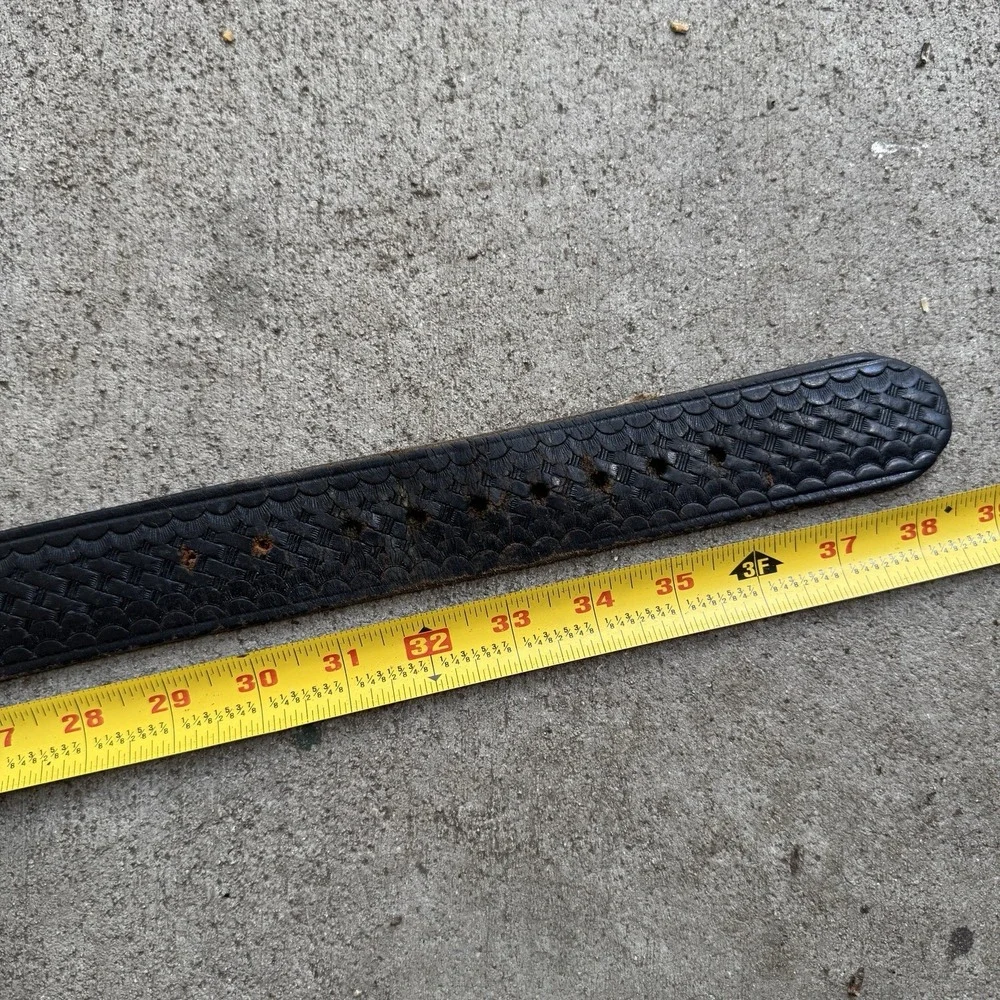 Vintage Black Leather Belt Brass Square Buckle Western Biker Sz 32 50s 60s